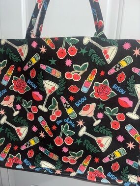 Stylish Black Graphic Tote Bag with Lipstick & Cherry Print